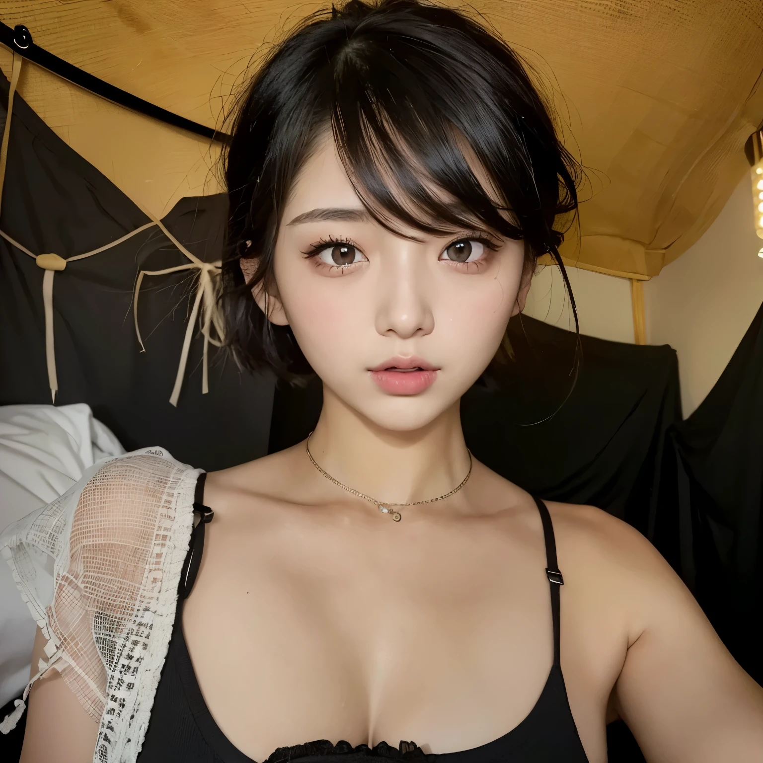 Kim Jennie with black hair, with curlers at the ends, brown eyes, pretty eyes, crying eyes, pretty, upturned nose, watery nose, pretty lips, pink lips, heart and cupid shaped lip, beautiful skin, pale white skin, with moles and freckles all over his face, soft pink blush on cheeks, soft pink makeup, Nice neck, marked collar, tender look, with a kiss necklace, while wearing a corset, corset blanco, bonito corset, while having a slim and beautiful abdomen, while wearing underwear, tiny underwear with white corset, (big breasts, soft breasts, beautiful breasts), while doing a sexy pose, village, looking to the camera