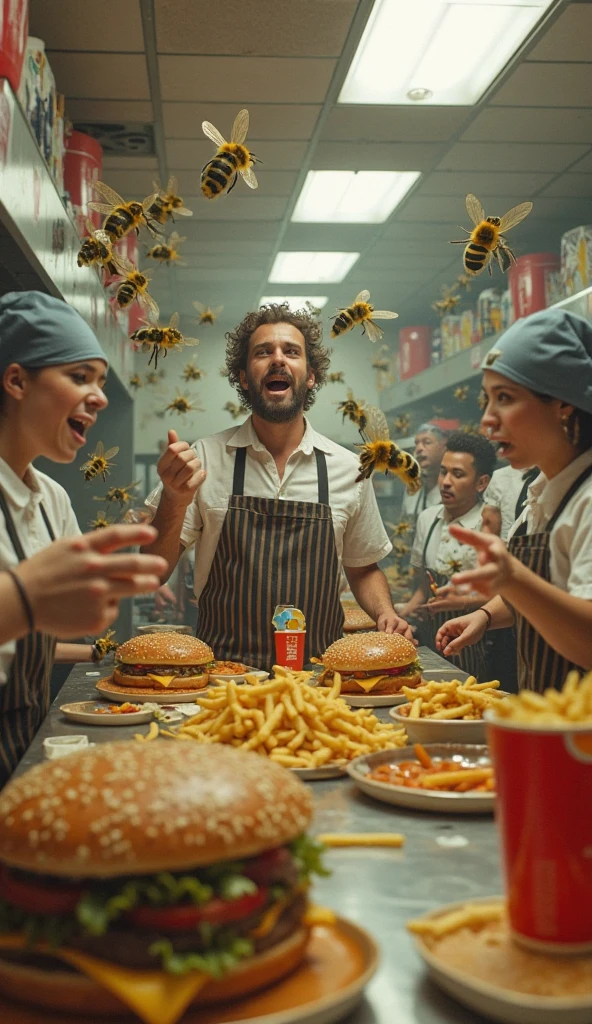 Concept: A reimagining of Da Vinci's "The Last Supper" with the apostles replaced by various fast food mascots, and the table filled with greasy, oversized burgers, fries, and soda. The central figure is an overweight man in casual clothing, looking dazed and overwhelmed.