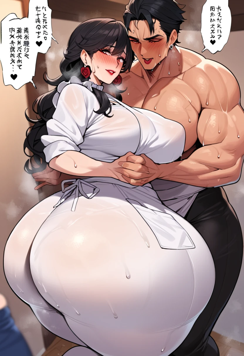 Chubby thic mature pregant japanese wife, brown long hair, Brown eyes, black sexy dress, milking tits, bend over on a table, in a warehouse, anal penetration, grabbing hips,Cumming, tall man, ahegao expression, high heels, Golden chain anklet