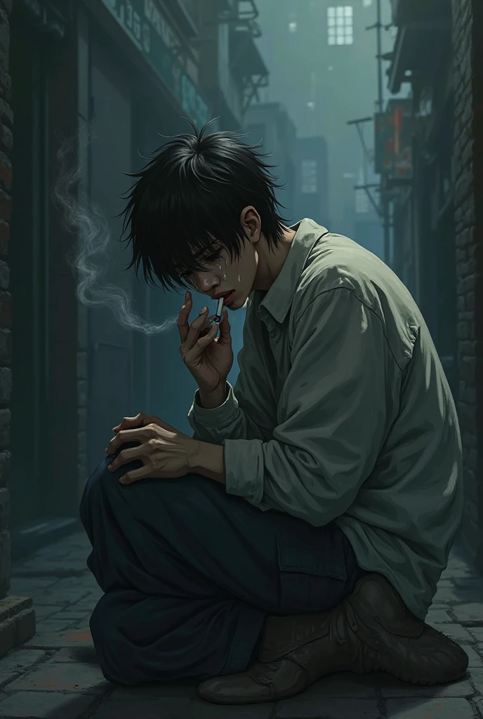 Manga where a boy of 18 year of Tokyo city streets is sitting in bench taking support of wall and coffing blood and his solder is brutally damaged and the place is little bit dark