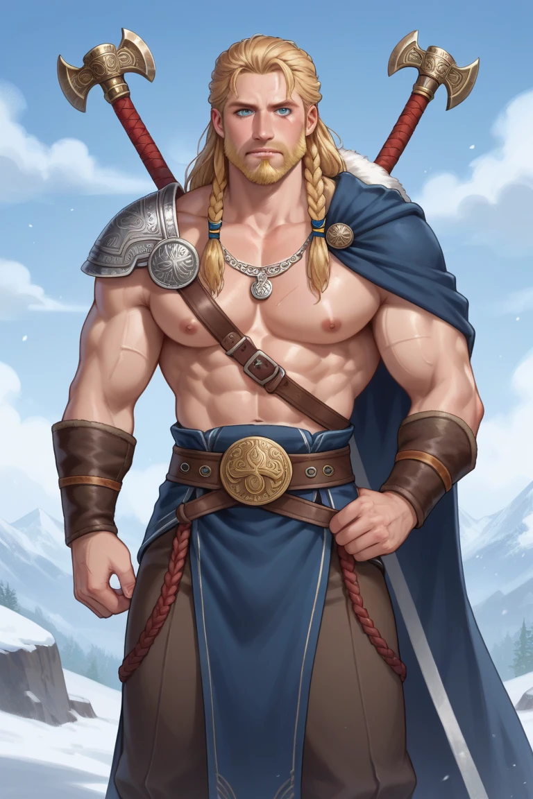 (best quality), masterpiece, ultra-detailed, old guy, beard, muscular physique,full body portrait,blonde hair, intense blue eyes, stream, forest, hairly chest, loincloth