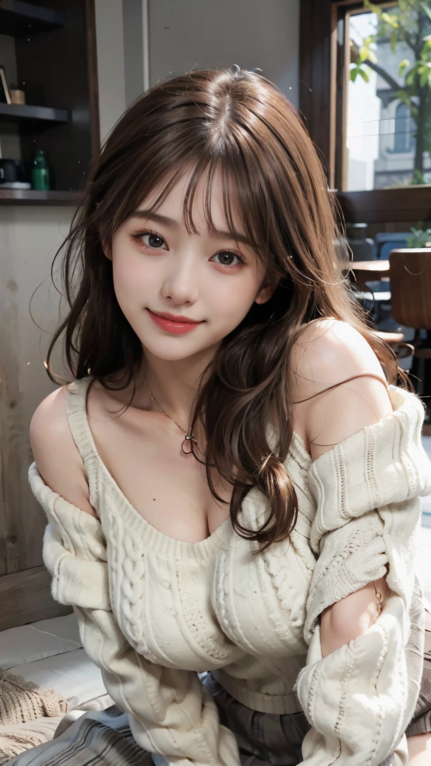 young girl, large ??????,  thight high off shoulder, smile