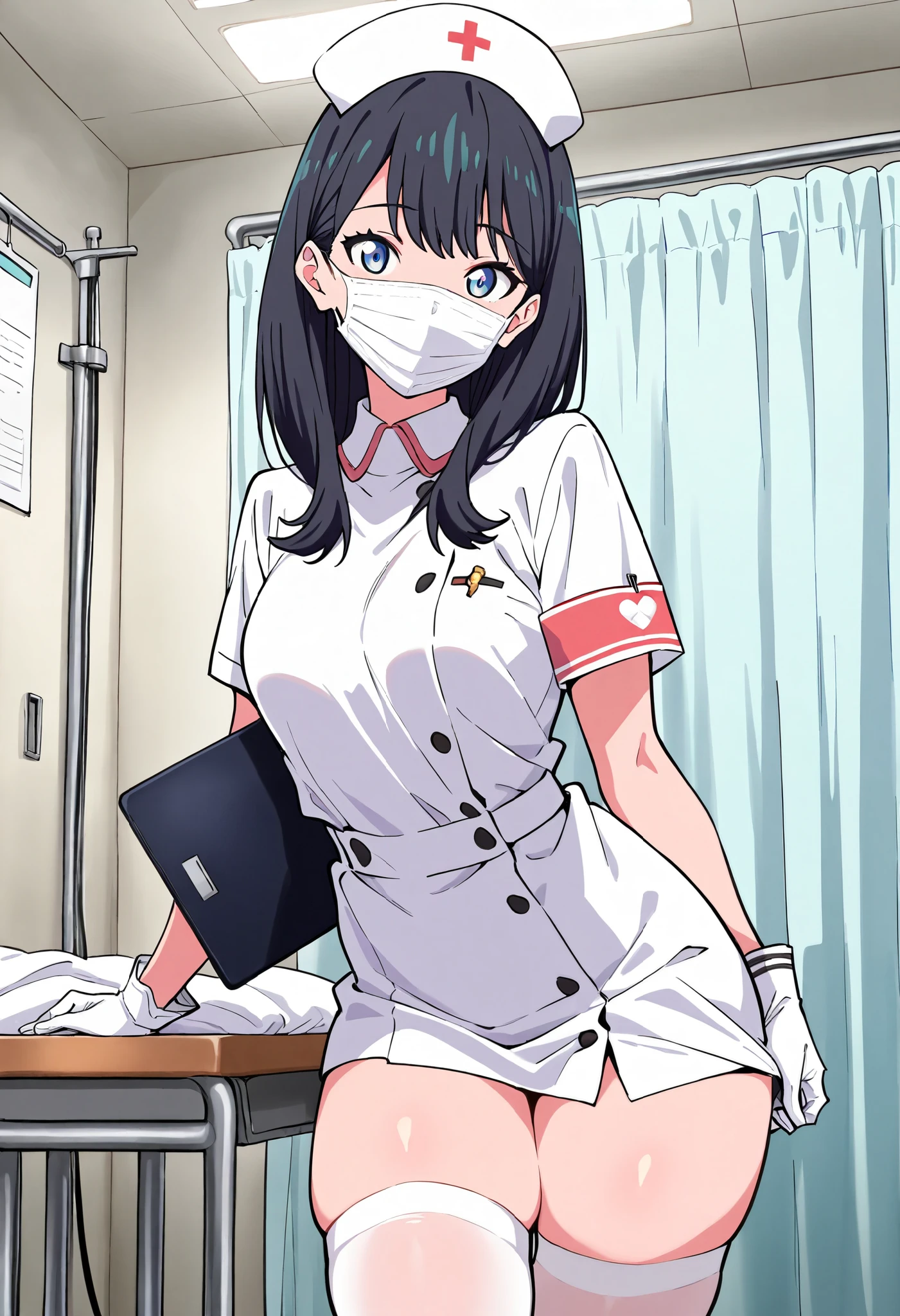 1woman, solo, nurse, white nurse cap, white nurse uniform, ((white legwear, zettai ryouiki)), white gloves, glasses, blue hair, orange eyes, pink lips, no impression, standing, ((hospital room)), sharp outline, short sleeves, mature female, 35 years old, best quality, masterpiece