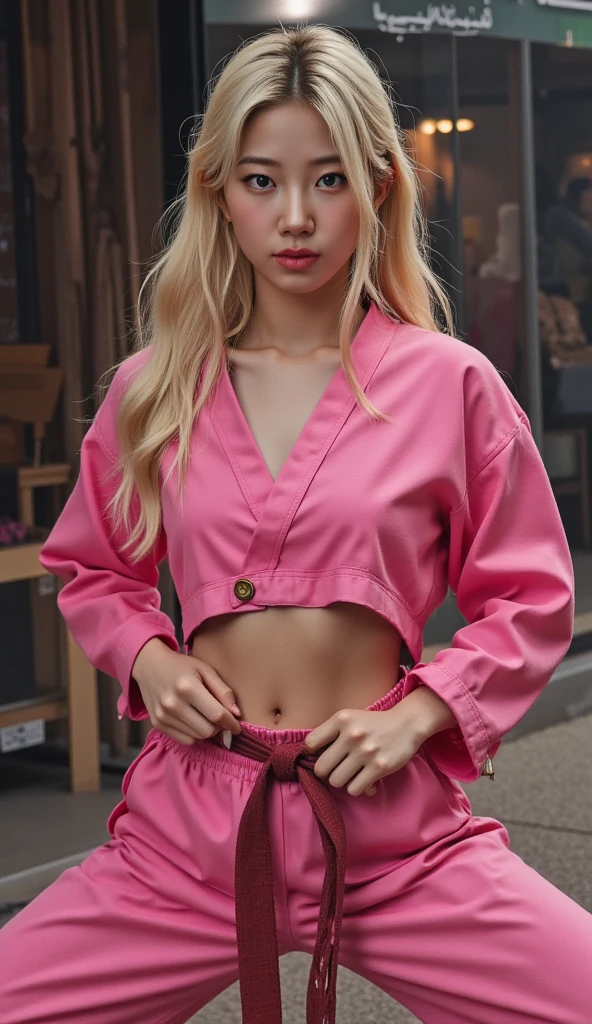 Girl posing for photo in Japanese school uniform, rainy street, wet skin, air bangs, running, large, clear eyes, slightly curly shoulder-length hair, cute, upper body, abdomen, pink white, streamers, pink kimono, suspender stockings, slave neck ring, slim figure, oversized bust, slim girl model, 18 year old female model,