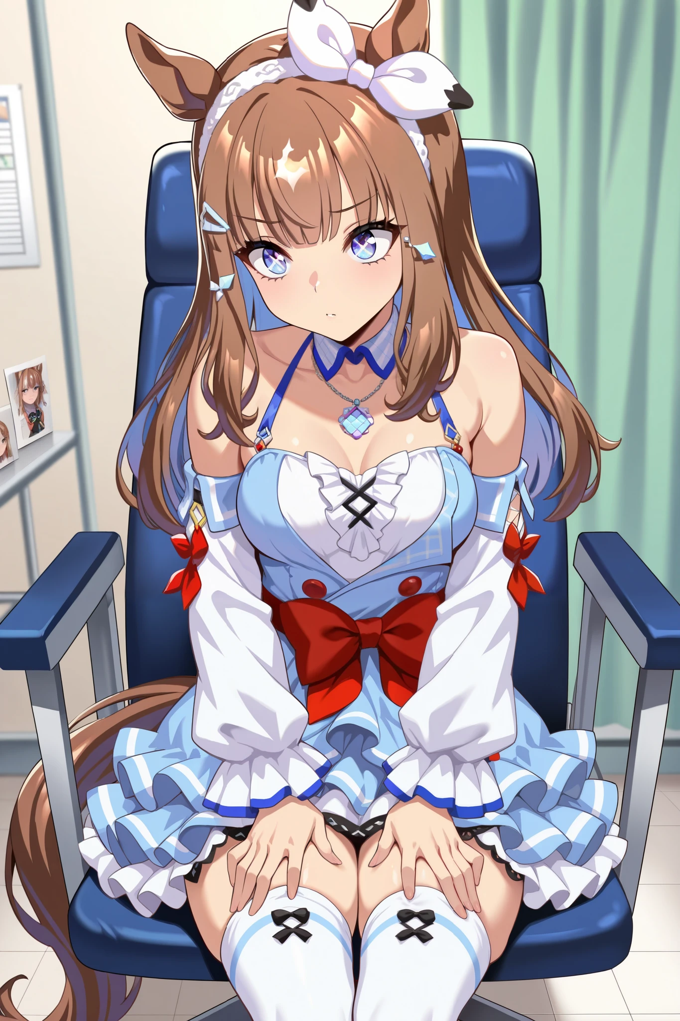 (masterpiece, ultra high definition, 16k, RAW photo, intricate), (sharp focus, crisp details), rich colors, vibrant details, noise reduction, 1girl , ((almond eye \( Uma Musume\)), Infirmary, sitting chair, Put your hands on your thighs, official costume, Motion line, motion Effect, (cowboy shot), blue eyes, x-shaped pupils, sparkling eyes, hairband , (red ribbon:2), blue dress, detached sleeves, frills, bare shoulders, medium breasts, bow, layered skirt, horse tail, white thighhighs, necklace, (Very slim thighs), simple background, blur the background, nsfw