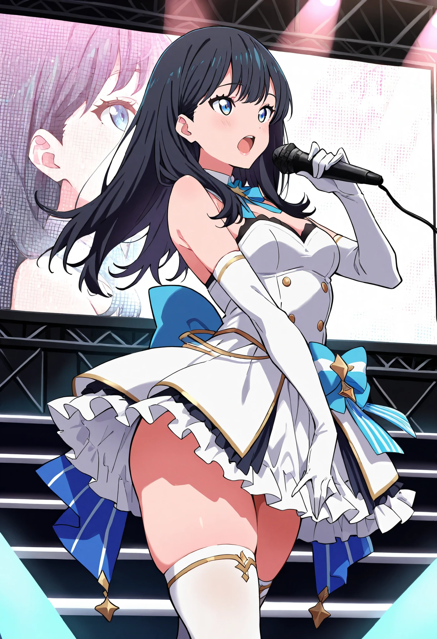 Five 13-year-old female idols lined up、Highest quality、Idol Costumes、Outdoor Stage、pubic hair、Remove underwear、A look of despair、Black Hair、pubic hairが見える