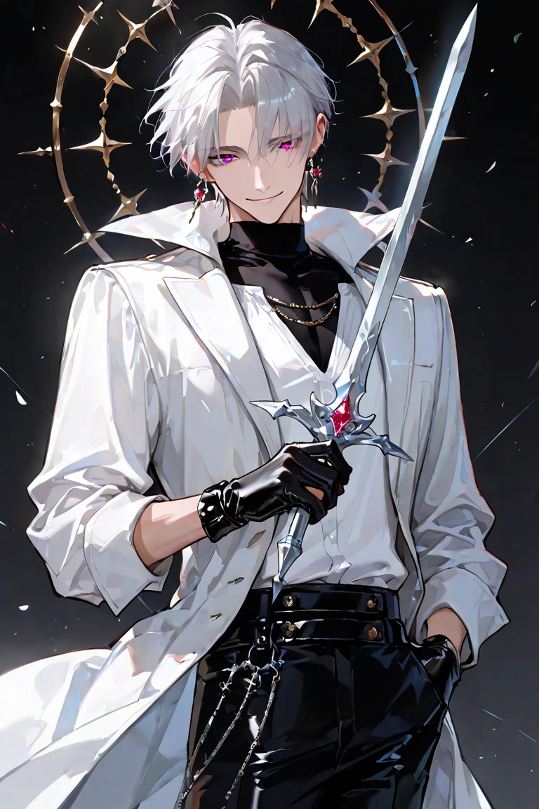 Gray Hair, Satanic, Demon King, boy, 8k resolution, Black background of exploding demons, Scary background, Black T-shirt, White pants, Dark aura, sword, Anime-style image of a man with gray hair and wearing black clothes