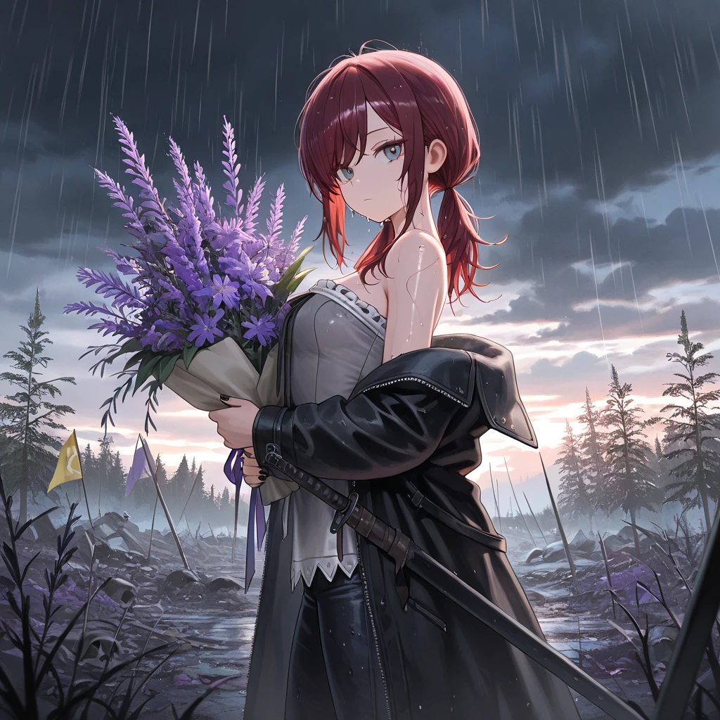(masterpiece:1.2, Best Quality), (finely detailed beautiful eye: 1.2), (beautiful detailed face), (masterpiece:1.2, Best Quality), (finely detailed beautiful eye: 1.2), (beautiful detailed face), solo, close up, from side, thin girl, holding bouquet of purple flowers, expressionless, :l, Gray eyes, dark red hair, swept bangs, low twin tails, white ribbons, strapless sleeveless shirt, gray shirt, shirt with white trim, frill trim, black coat, black jeans, black nails, thin thighs, thin legs, dusk, willow tree leaves, close up, messy hair, stoic, shadowy aura, battlefield, heavy rain, dark clouds, puddles, wet clothes, wet skin, wet hair, blood splatters, flags, swords, smoke, dead armored men, stars, star shadow, dusk. charred wasteland,