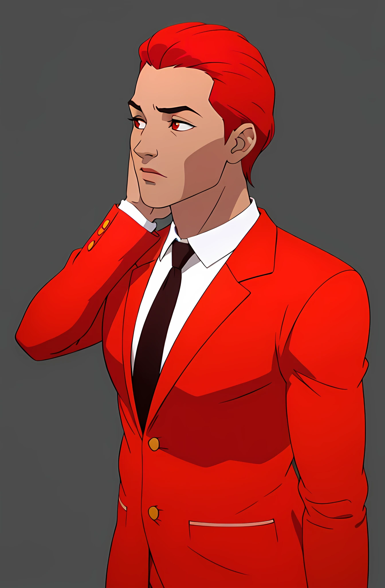 Eddie-Red A young man,  red hair,  combed hair, red eyes,  wearing a red suit jacket, black tie
