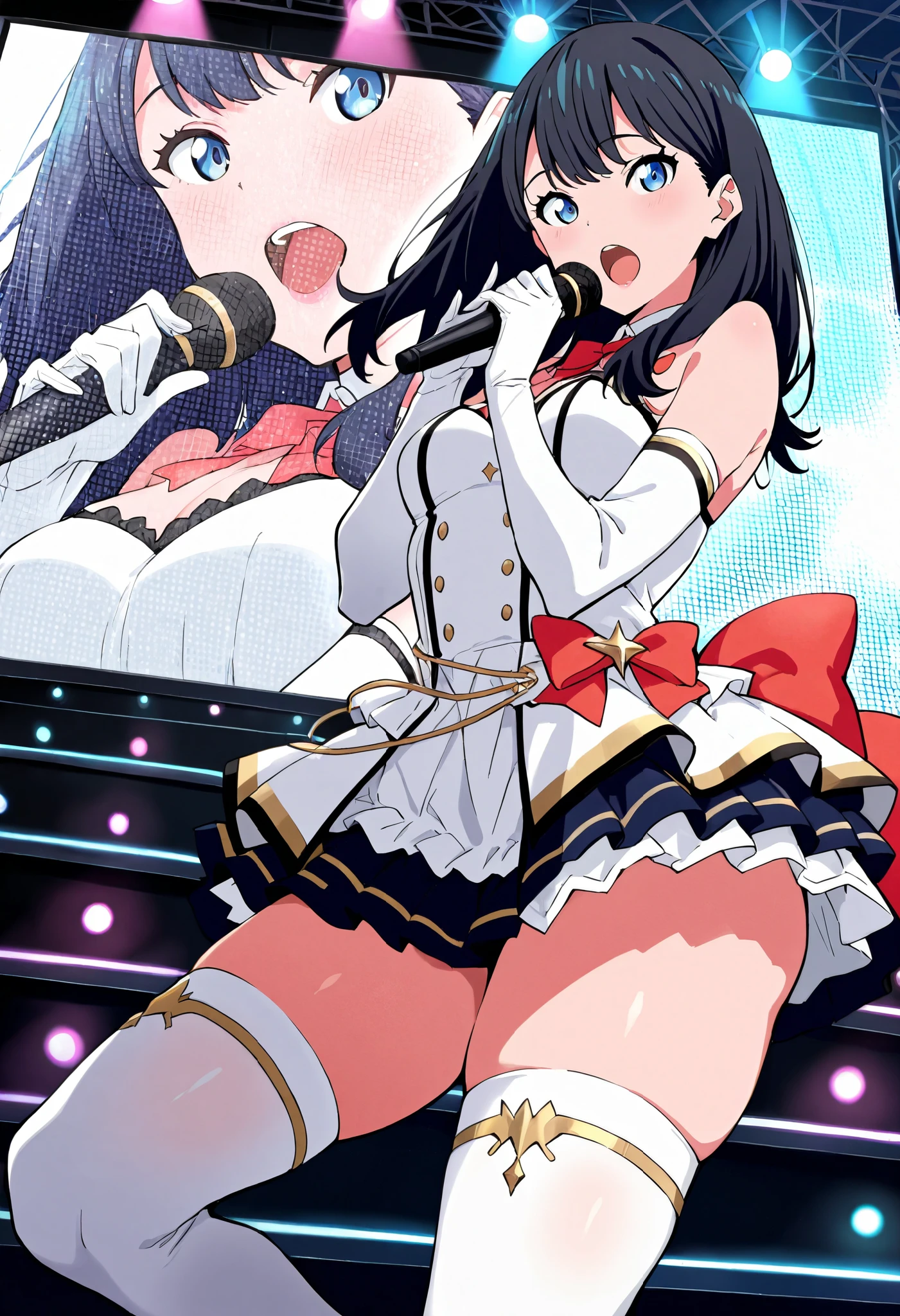 Score_9, score_8_up, score_7_up, rikka takarada, solo, black hair, long hair, blue eyes, (small breasts:0.7), thick thighs, (best quality), (high quality), {masterpiece}, extremely delicate and beautiful, ultra-detailed, beautiful detailed eyes, idol, idol costume, blue and white dress, white elbow gloves, white thighhighs, holding microphone, on stage, screen, multi colored light, dynamic pose, singing, pink lips, open mouth