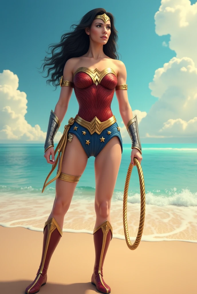 a fit woman in bodysuit, enormous breast, realistic, detailed, hyperrealistic, Hero pose, Standing next to beautiful waterfall and pool inside ancient temple, 1girl, high detailed, 8k, cameltoe, , , wonder woman, gal gadot, (full body:1.5)