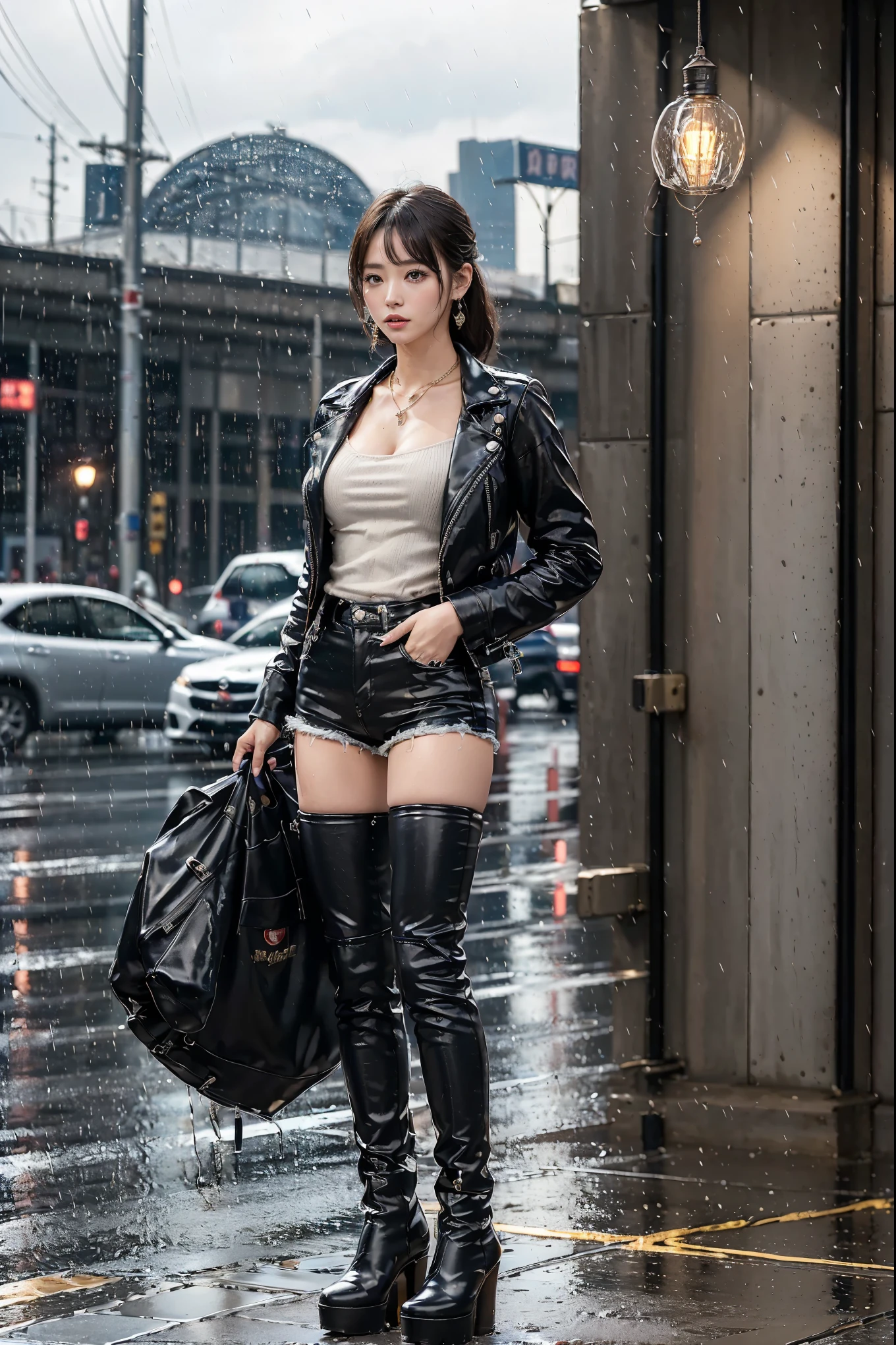 top quality,greatest masterpiece,highest resolution,(heavy rain,1 .4,Pitch Darkness:1.4,highway:1.1,Car Racing:1.2,2 Cars Driving Away:1.4,彼女は夜のheavy rainの下でhighway脇にしゃがんでいる:1.2,An impressive picture of the brake lamp:1.6),top qualityのリアルな質感の肌,top qualityのテクスチャの髪 ナチュラルボブ ウェーブヘア 前髪パッツン 銀髪,cool vibe,20 Years Old Japanese Female Fashion Supermodel,leather jacket,denim pants,(thigh high platform boots),Luxurious Earrings,PRESS RED,necklaces,(from side),perfect composition,dynamic composition