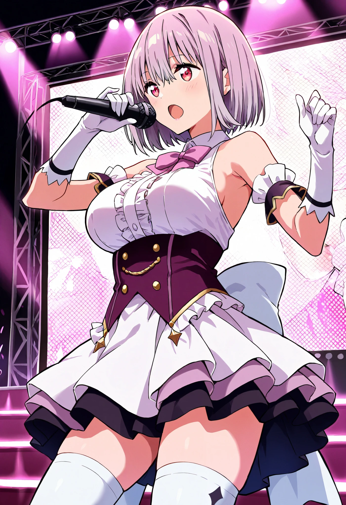 Anime illustration、highest quality、cyber punk、Sensual and voluptuous maid diva、Sing and dance、Night Show、Colorful Costume、illuminated by spotlight、Colorful glow sticks、Perfect Proportions、Live music on the stadium stage、Overwhelmingly large breasts、beautiful, Shining Eyes、Cowboy Shot、smile、Noise Reduction