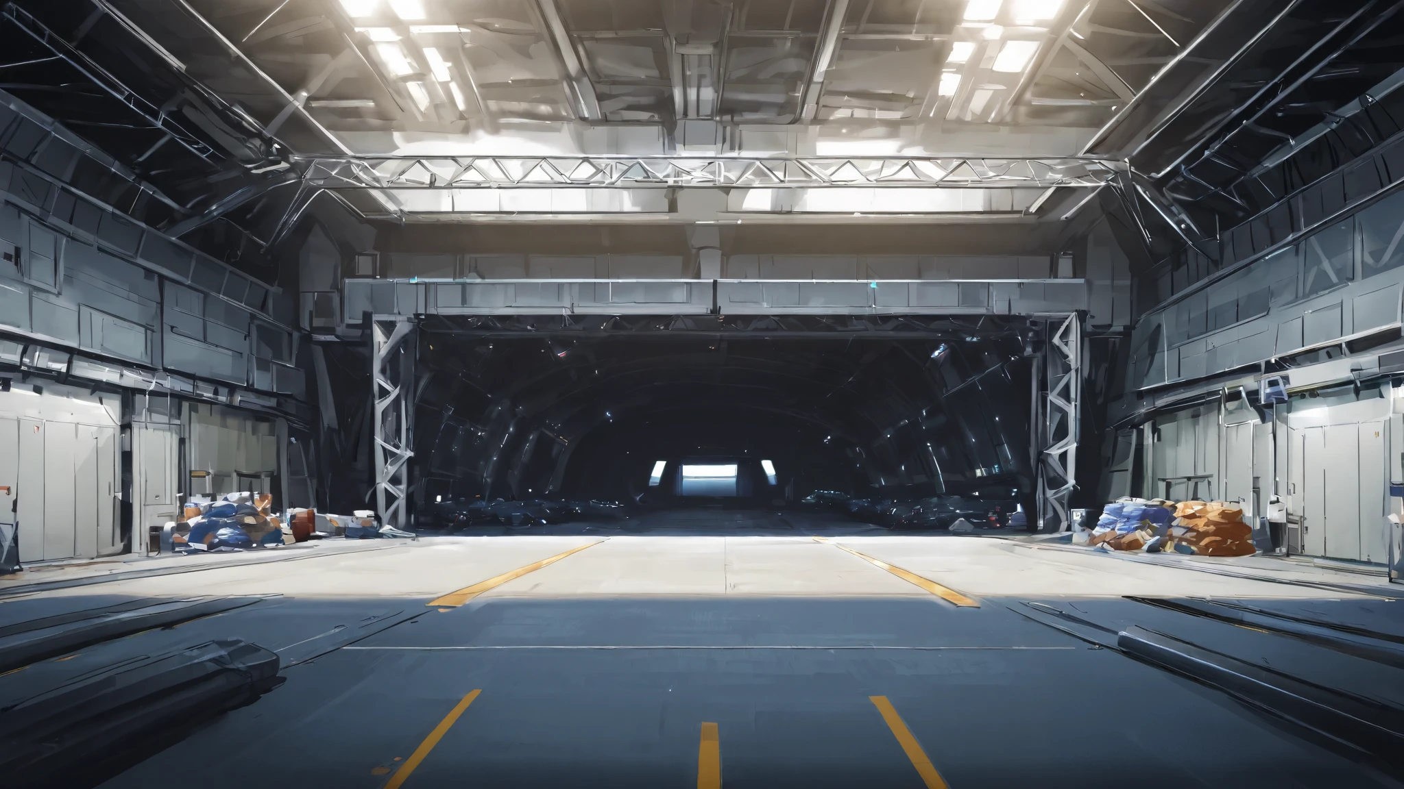 A large hangar for a space warship，hangar inside the hangar has quite a few items piled up on the ground，The scene inside the hangar takes up all of the picture，You can also see outer space through the hangar exit