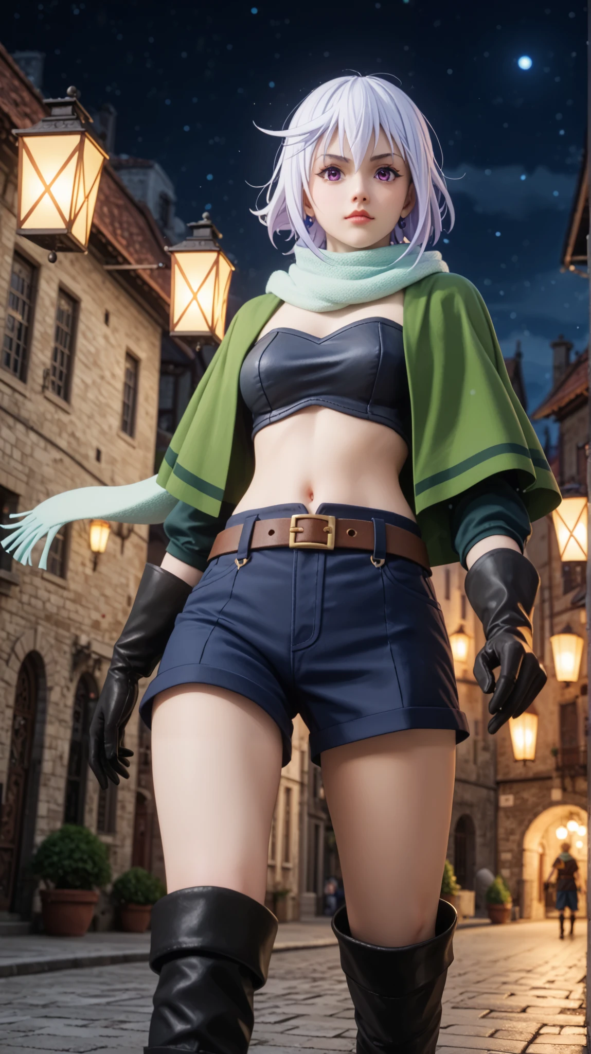 Puntuación 9, Puntuación 8, Puntuación 7. Chris from KonoSuba, Konsubáeris, Eris, short white hair, vibrant purple eyes, signature scar. Wearing her traditional outfit: a black strapless top, green short-sleeved jacket, blue shorts with a brown belt, black gloves, and a light green scarf. She is crouching on the rooftop of a medieval fantasy city at night, peering down at the street below as if stealthily following someone. Her eyes are focused, showing a determined yet playful expression. The city below is dimly lit with torches and lanterns, casting long shadows. The background features stone buildings, narrow alleyways, and distant figures walking unaware of her presence. High-quality anime style, cel-shading, detailed textures, over-the-shoulder perspective, atmospheric moonlight, cinematic framing --ar 16:9 --v 6 --style raw --q 2 --stylize 250