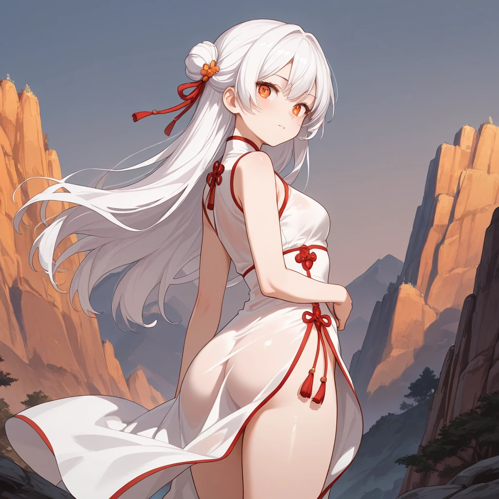 1 girl, shiny backlight, volumy long ponytail, silver hair, red eyes, middle breasts, her hair is fluttering down, white fantasic leotard outfit, white long loincloth,brown belts, long Quiver of Arrows behind back, open legs,open thighs, arched back, scerious,gazing, cowboy shot, masterpiece, best quality, general,arms behind back,
