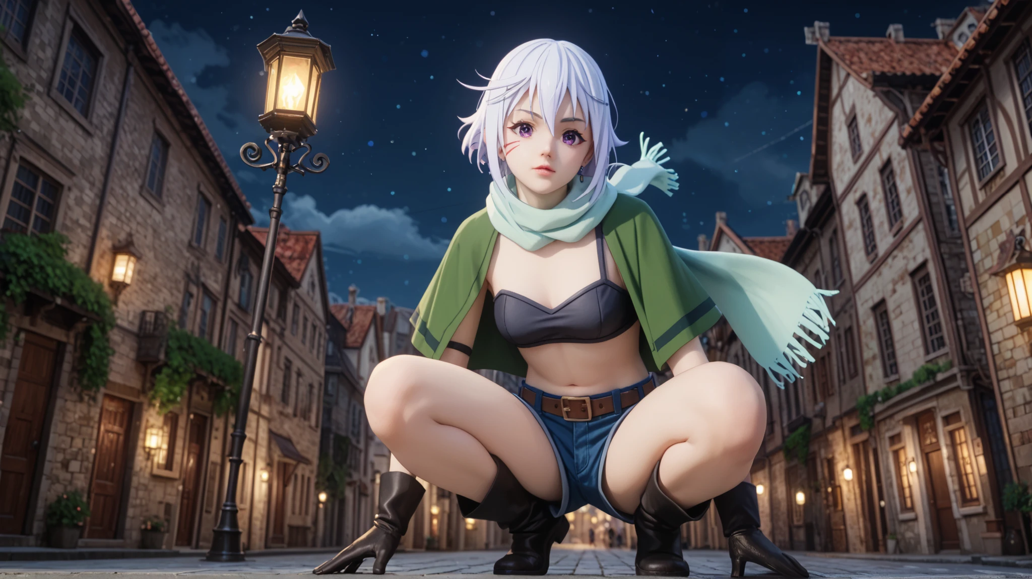 Puntuación 9, Puntuación 8, Puntuación 7. Chris from KonoSuba, Konsubáeris, Eris, short white hair, vibrant purple eyes, signature scar. Wearing her traditional outfit: a black strapless top, green short-sleeved jacket, blue shorts with a brown belt, black gloves, and a light green scarf. She is crouching on the rooftop of a medieval fantasy city at night, peering down at the street below as if stealthily following someone. Her eyes are focused, showing a determined yet playful expression. The city below is dimly lit with torches and lanterns, casting long shadows. The background features stone buildings, narrow alleyways, and distant figures walking unaware of her presence. High-quality anime style, cel-shading, detailed textures, over-the-shoulder perspective, atmospheric moonlight, cinematic framing --ar 16:9 --v 6 --style raw --q 2 --stylize 250