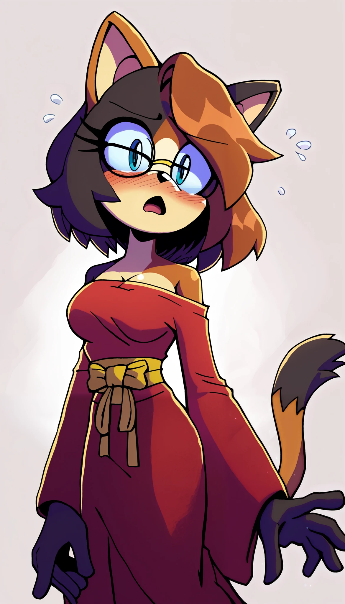 masterpiece, best quality, 1girl, anthro, furry, Mobian, fur, fluffy fur, white fur, black fur, brown fur, calico cat patterned fur, calico cat girl, furry, cat ears, animal nose, cute eyes, light blue eyes, calico cat tail, messy hair, medium hair, shoulder length hair, solo, (simple background), detailed, red tube top, wrapped tube top, kimono styled tube top, off shoulder, long sleeves, red fingerless gloves, short red skirt, red bikini bottom straps, curious, small mouth, open mouth, head tilt, ager (18 years), medium breast, glasses, blush, looking at the viewer, light particles, score_9, score_8_up, score_7_up, score_6_up, score_5_up, score_4_up, evnstnly, Even Stanley art style, Sonic OC, Sonic fan character, Sonic the Hedgehog series, (2D), curious girl, curious personality