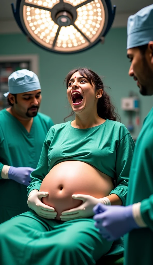 Pregnant woman in purple dress lying on the left side of the hospital bed screaming with one hand on her belly and the other hand on an iron bar with her legs open with her huge belly 