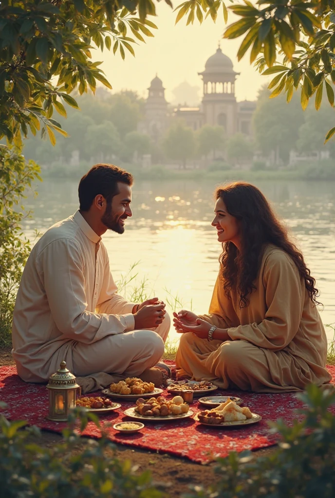 Chechen couple picnicking in the park. She wears a headscarf and he has a beard without a moustache