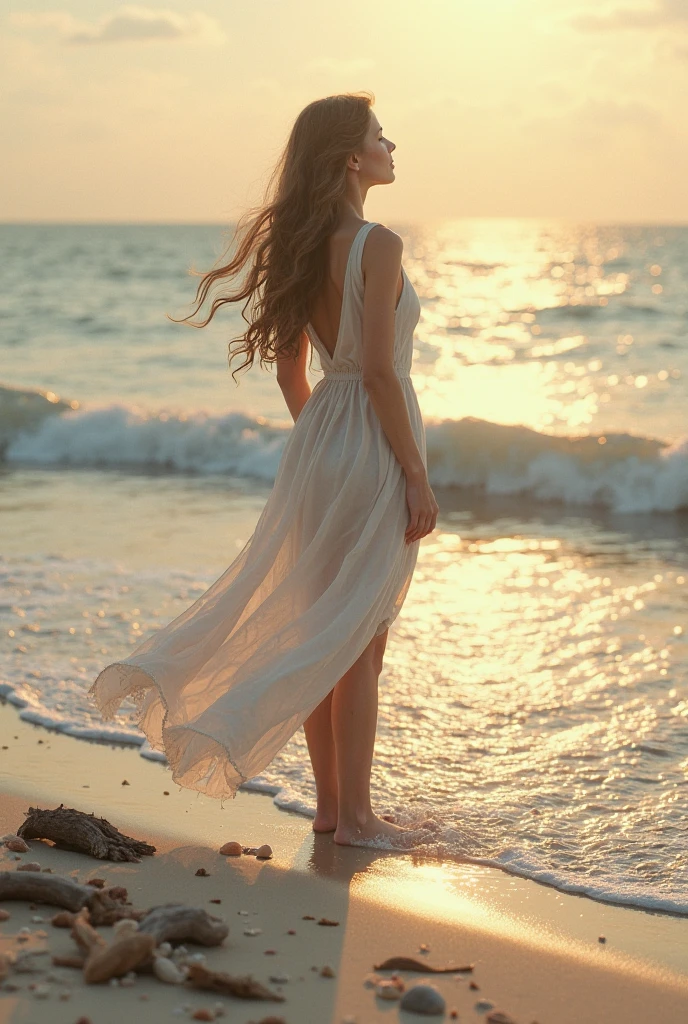 Design a beautiful, detailed digital artwork featuring a young woman with long, flowing hair, standing on a sandy beach during sunset. She is dressed in a light, flowing dress that moves with the wind. The scene captures the vibrant colors of the sunset, with the sky transitioning from warm oranges and pinks to deeper purples and blues. The waves of the ocean are gently rolling in the background. The woman's expression is peaceful as she gazes at the horizon, with the soft, golden light of the setting sun illuminating her face and hair