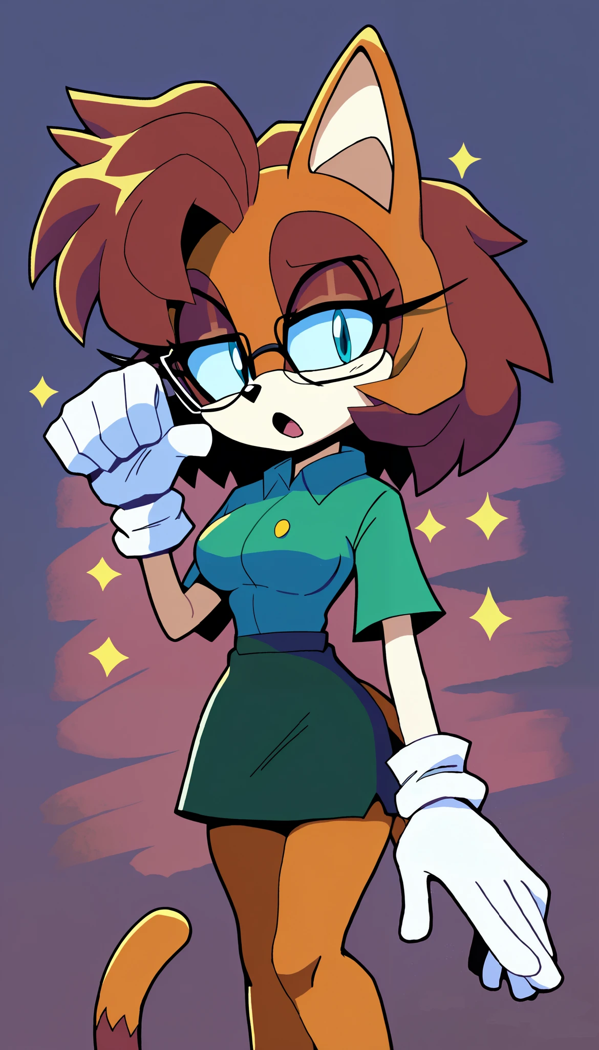masterpiece, best quality, 1girl, anthro, furry, Mobian, fur, fluffy fur, (white fur), black and brown patterns on fur, calico cat patterned fur, calico cat girl, furry, cat ears, animal nose, cute eyes, light blue eyes, calico cat tail, messy hair, medium hair, shoulder length hair, solo, (simple background), detailed, curious, small mouth, open mouth, head tilt, ager (18 years), medium breast, glasses, looking at the viewer, light particles, score_9, score_8_up, score_7_up, score_6_up, score_5_up, score_4_up, evnstnly, Even Stanley art style, Sonic OC, Sonic fan character, Sonic the Hedgehog series, (2D), curious girl, curious personality