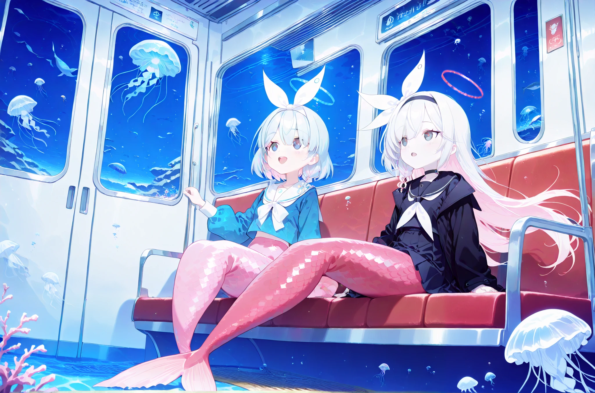 2girls, ((arona (blue archive), blue mermaid, blue scales)), ((plana (blue archive), pink mermaid, pink scales)), serafuku, halo, happy, open mouth, sitting, train interior, (jellyfish:1.5), underwater, looking up, serafuku, scenery, whale, seafloor, bubbles, floating hair, submerged, ocean, glowing jellyfish, night