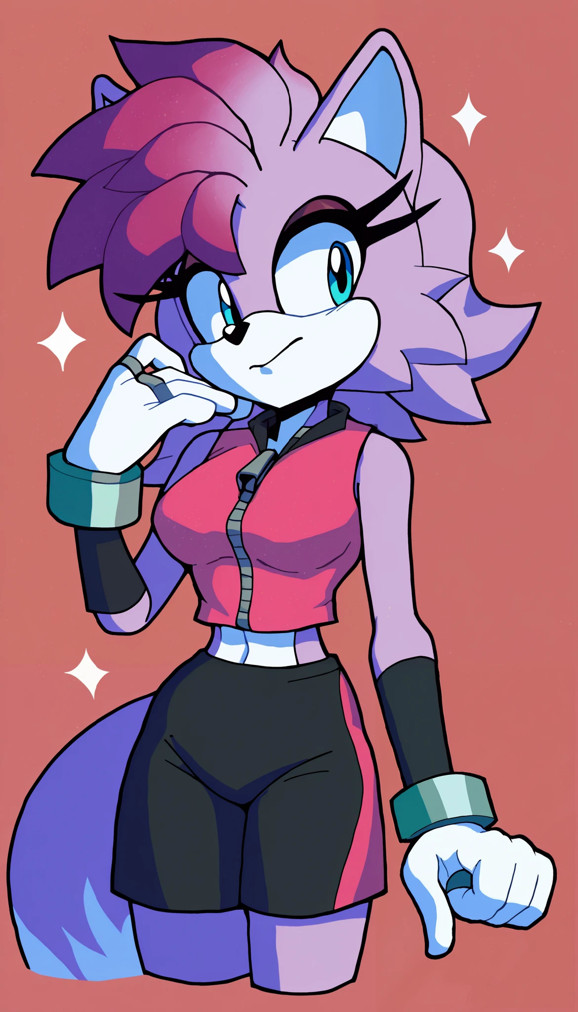 masterpiece, best quality, 1girl, anthro, furry, Mobian, fur, fluffy fur, lavender colored fur, wolf girl, furry, wolf ears, fluffy ears, animal nose, cute eyes, light blue eyes, wolf tail, messy hair, medium hair, long hair, magenta highlights, gradient hair, solo, (simple background), detailed, pink top, cropped sleeveless jacket with mask, black stripe/zipper, black arm warmers, white gloves, pink ring cuffs, black yoga shorts, keeps to herself, head tilt, ager (18 years), medium breast, looking to the side, sheathed sword strapped to back, light particles, score_9, score_8_up, score_7_up, score_6_up, score_5_up, score_4_up, evnstnly, Even Stanley art style, Sonic OC, Sonic fan character, Sonic the Hedgehog series, (2D), quiet girl, anti social personality