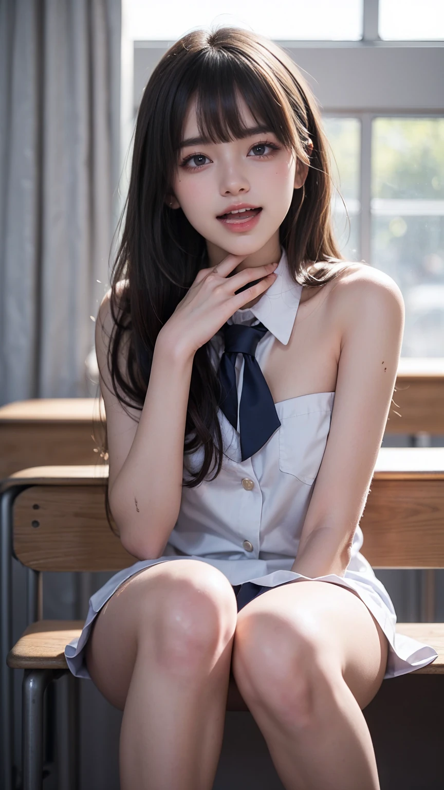 (One naked girl)、(She is squatting naked and spreading her legs wide to show off her thighs.)、Front low angle:1.5、White blazer uniform、White and purple pleated skirt、(Focus on the pussy)、(sharpen the pussy)、((Masterpiece、Highest quality、Highest quality)), (Super detailed), (8K ),Raw color photography, Professional photography, Great face and eyes, Skinny、Model Style、Outdoor、Natural light:1.4、(Light hits pussy)、Blonde Hair、Mesh Color、Small breasts:1.3、Earrings、Hands on cheeks、Thin thighs、smile、