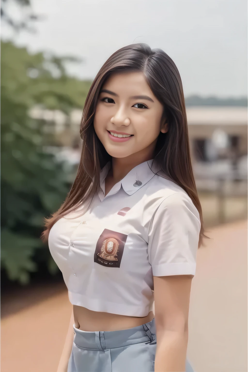 1girl, solo, 19 years old, (uniform), detailed Metropolitan city at the background, portrait, thick , semi-curvy body, Sixpack abs, smooth realistic skin, cute smile, white shirt, grey blue short skirt, looking at the audience, high angle shot,(8k, RAW photo, best quality, masterpiece: 1.3), (realistic, realistic: 1.37), ultra-high resolution, cowboy shot