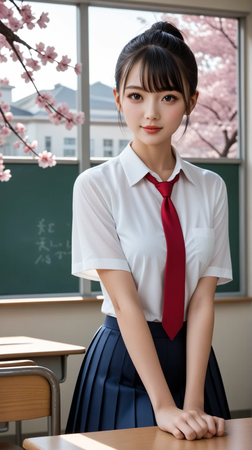(masterpiece:1.3), (8K, Photorealsitic, Raw photography, Top image quality: 1.4), Japan high school girls、(very short-haired、Random hairstyles:1.2,)、Super Detail Face、Eye of Detail、二重まぶた、Bring your chest together、foco nítido:1.2、prety woman:1.4、light brown hair、top-quality、masterpiece、超A high resolution、(Photorealsitic:1.4、Being in the classroom、Japan High School Student Uniform、Button shirt with collar、Ribbon Ties、Short dark blue pleated skirt、Ribbon tie、Great under the shirt)、Highly detailed and professional lighting smile、slender、serious facial expression、short-haired、Fatal position,chalk board、Sit on a desk、above knee、