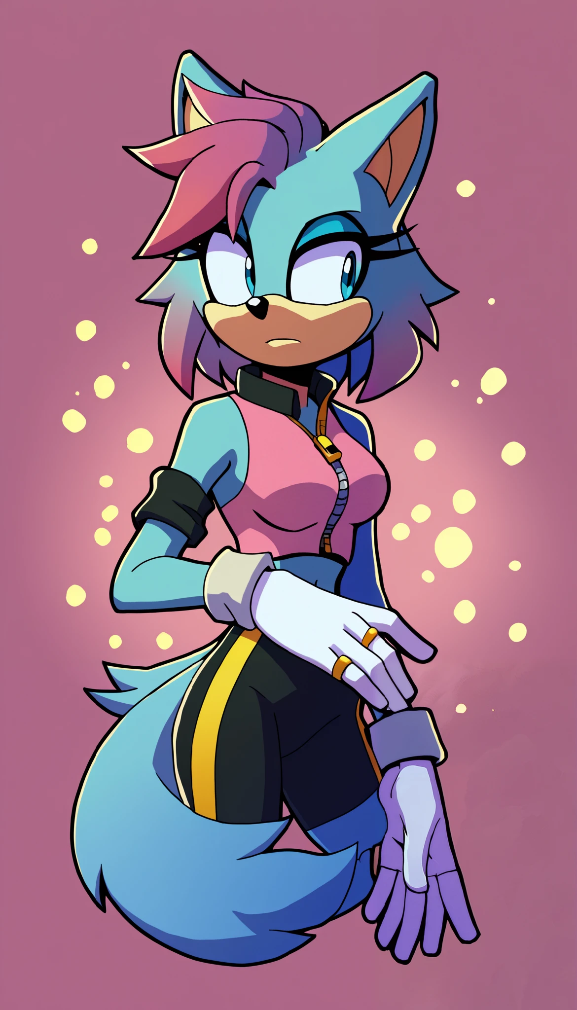masterpiece, best quality, 1girl, anthro, furry, Mobian, fur, fluffy fur, lavender colored fur, wolf girl, furry, wolf ears, fluffy ears, animal nose, cute eyes, light blue eyes, wolf tail, messy hair, medium hair, long hair, magenta highlights, gradient hair, solo, (simple background), detailed, pink top, cropped sleeveless jacket with mask, black stripe/zipper, black arm warmers, white gloves, pink ring cuffs, black yoga shorts, keeps to herself, head tilt, ager (18 years), medium breast, looking to the side, sheathed sword strapped to back, light particles, score_9, score_8_up, score_7_up, score_6_up, score_5_up, score_4_up, evnstnly, Even Stanley art style, Sonic OC, Sonic fan character, Sonic the Hedgehog series, (2D), quiet girl, anti social personality