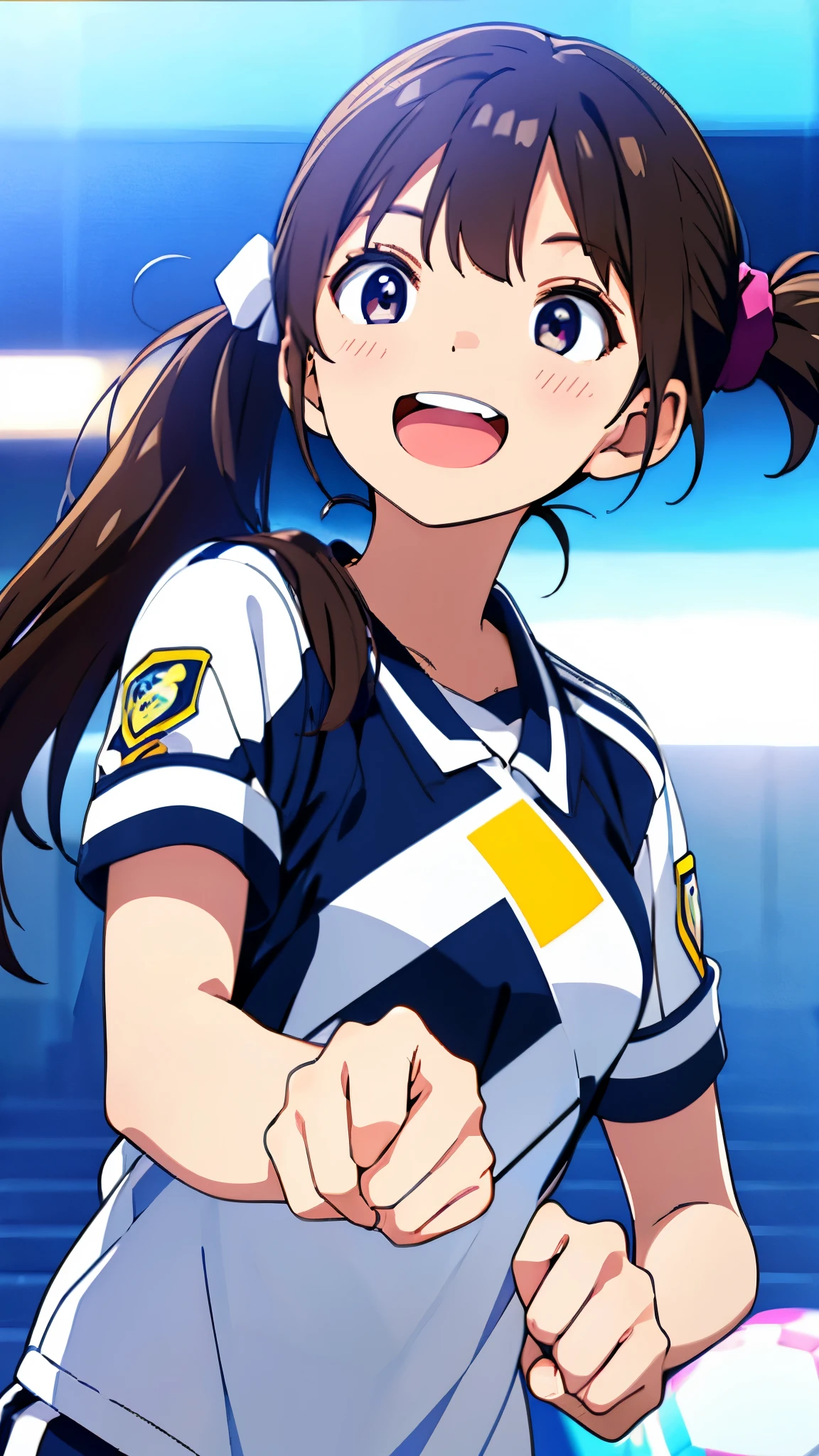 A cheerful age girl with long dark brown hair tied in a ponytail, wearing a navy blue soccer jersey with geometric patterns and sponsor logos. The jersey features a white emblem on the chest. She is also wearing white shorts. She is in a dynamic running pose, with one arm forward and the other arm pulled back. Her body is slightly tilted forward, and she has a bright, open-mouthed smile. The background is a simple white backdrop, emphasizing her energetic motion. The lighting is soft and even, creating a polished and high-quality anime-style illustration.