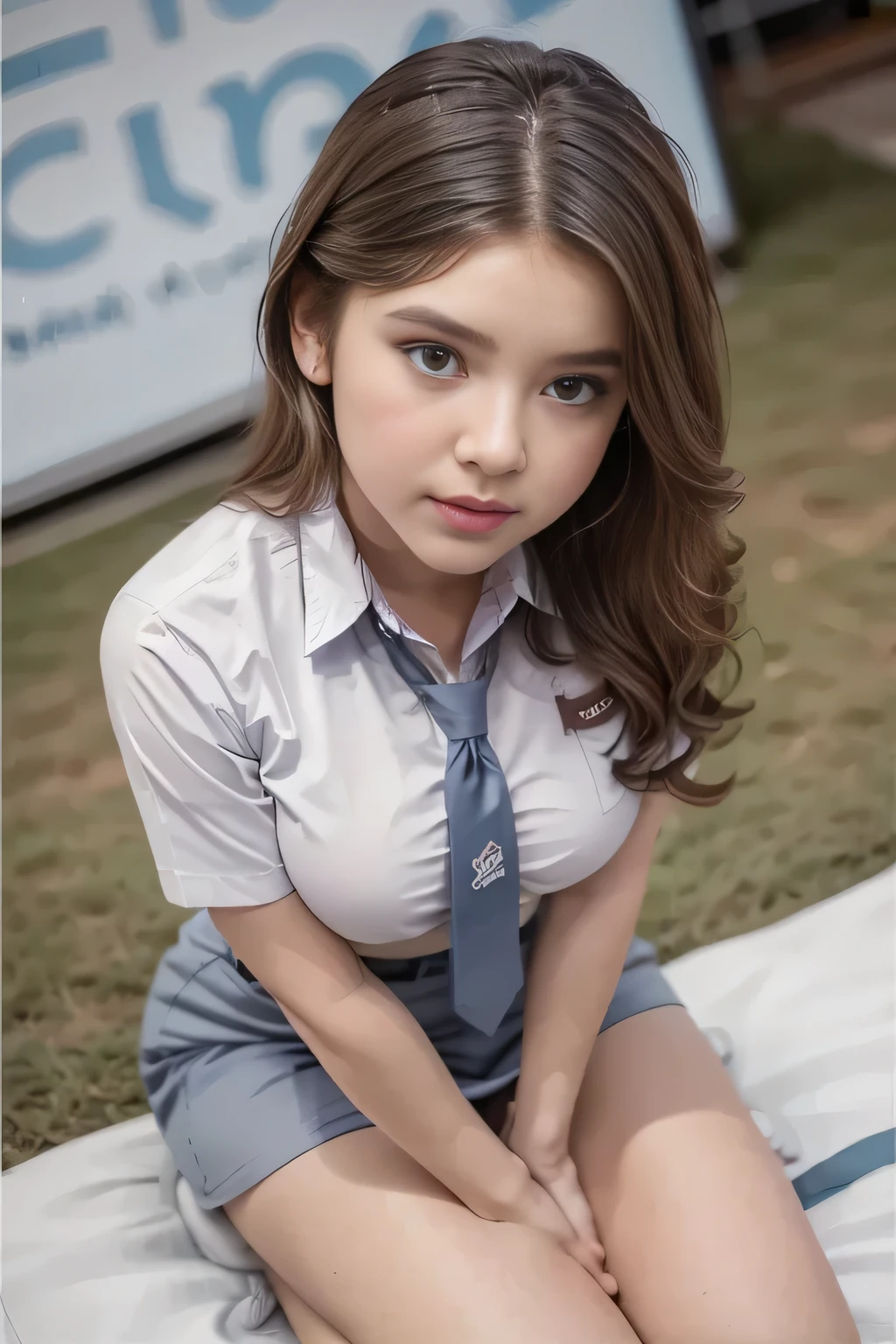 1girl, (uniform), sits with her legs pressed to her , detailed night view ofMetropolitan city at the background, detailed face, detailed eyes, brunette, , smooth realistic skin, semi-curvy body, white shirt, grey blue hot miniskirt , looking at the audience, Full body shot, camera from above, overhead view, (8k, RAW photo, best quality, masterpiece: 1.2), (realistic, realistic: 1.37), ultra-high resolution