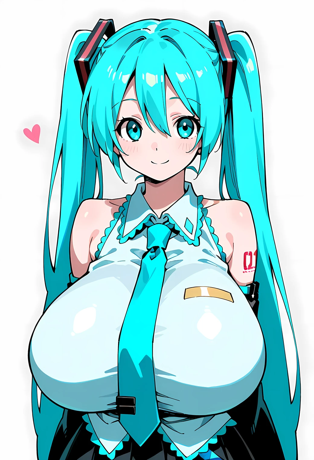 1girl, long hair, twintails, very long hair, blue hair, blue eyes, smile, hair ornament, hatsune miku, aqua hair, skirt, detached sleeves, necktie, aqua eyes, (gigantic breasts)