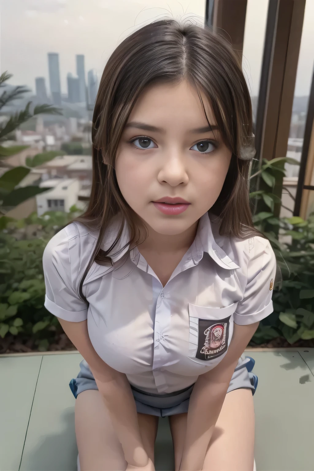 1girl, (uniform), sits with her legs pressed to her , detailed night view ofMetropolitan city at the background, detailed face, detailed eyes, brunette, , smooth realistic skin, semi-curvy body, white shirt, grey blue hot miniskirt , looking at the audience, Full body shot, camera from above, overhead view, (8k, RAW photo, best quality, masterpiece: 1.2), (realistic, realistic: 1.37), ultra-high resolution