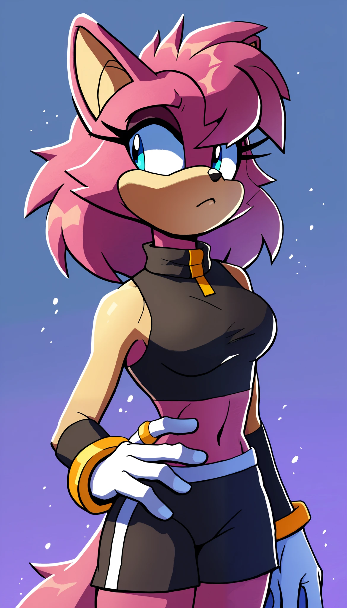 masterpiece, best quality, 1girl, anthro, furry, Mobian, fur, fluffy fur, (lavender colored fur), wolf girl, furry, wolf ears, fluffy ears, animal nose, cute eyes, light blue eyes, wolf tail, messy hair, medium hair, long hair, magenta highlights in hair, solo, (simple background), detailed, black top, high collar crop top jacket, white stripe down center of jacket, black arm warmers, white gloves, pink ring cuffs, black yoga shorts, keeps to herself, head tilt, ager (18 years), medium breast, looking to the side, sheathed sword strapped to back, light particles, score_9, score_8_up, score_7_up, score_6_up, score_5_up, score_4_up, evnstnly, Even Stanley art style, Sonic OC, Sonic fan character, Sonic the Hedgehog series, (2D), quiet girl, anti social personality