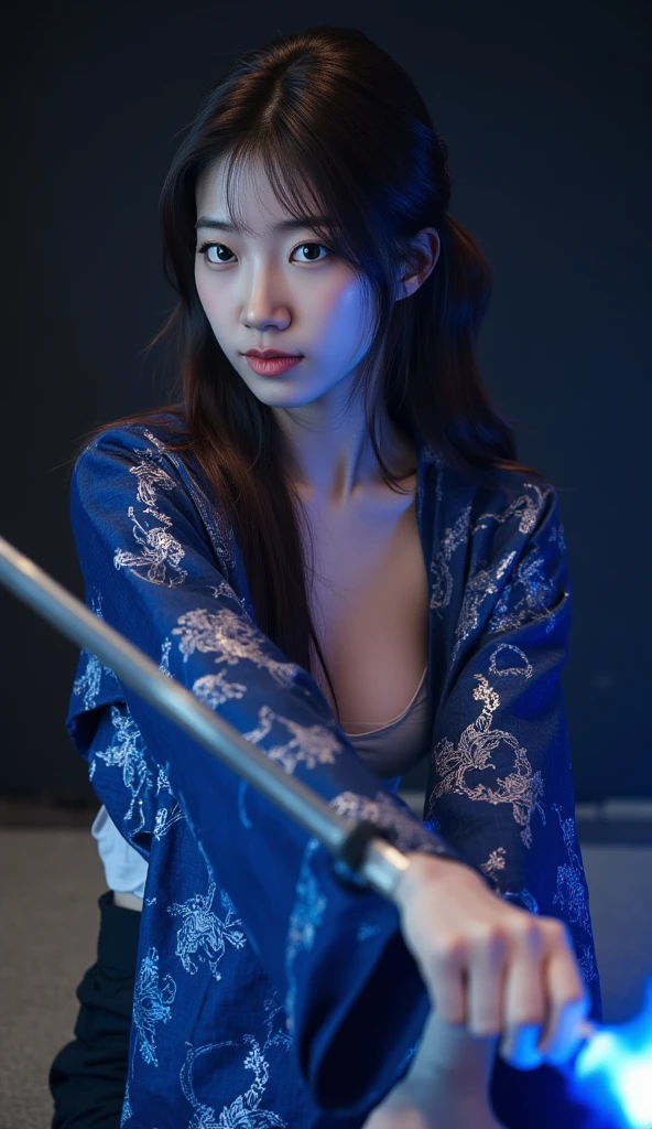 Very Beautiful Japan Woman、A Japanese sword with a metallic shine、Blue Aura Japanese Sword、