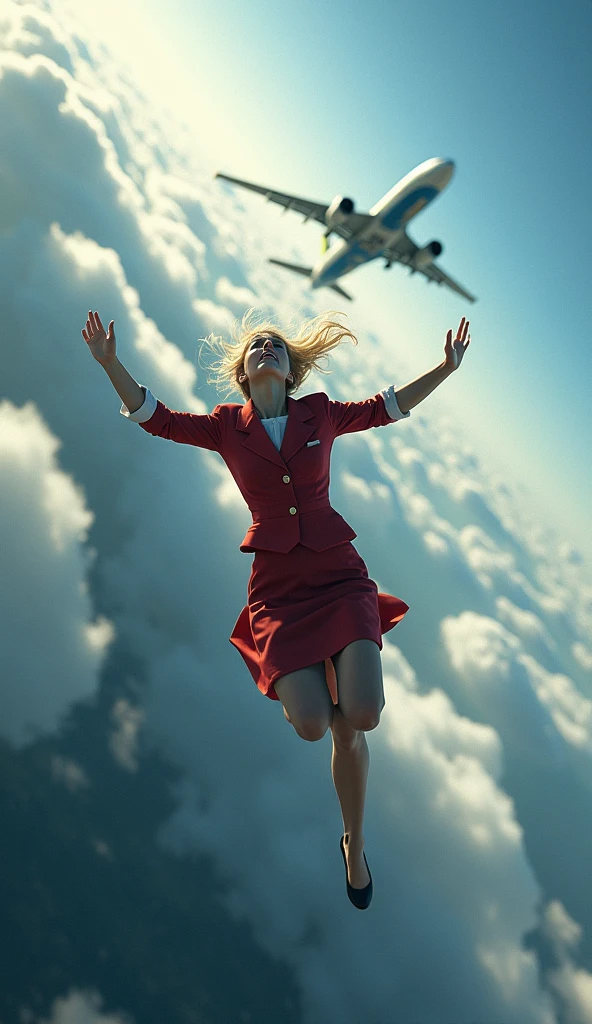 blonde woman with short hair in a flight attendant outfit falling out of a plane in mid-flight and large plane catching fire in the back without a part of the tail