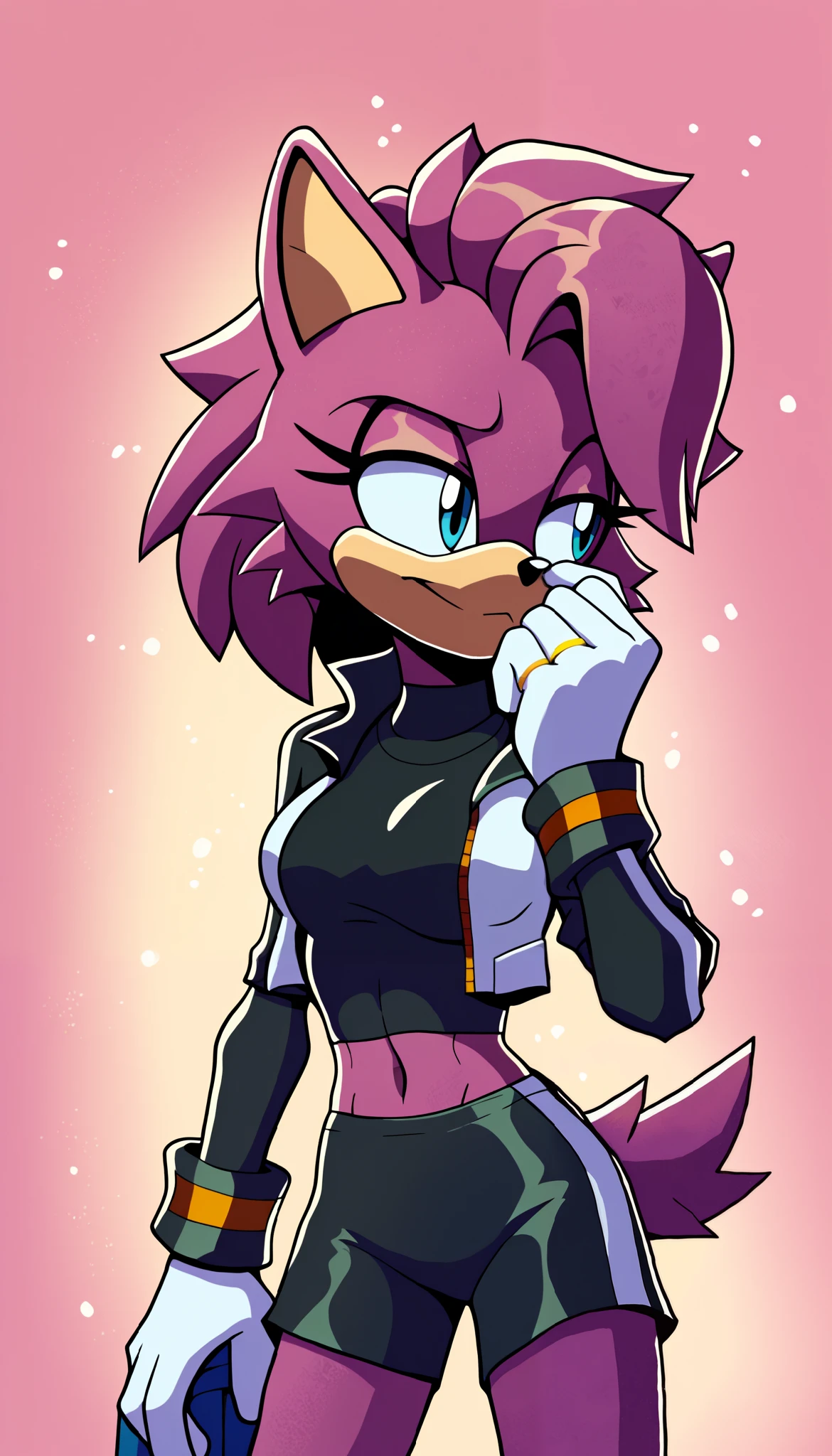 masterpiece, best quality, 1girl, anthro, furry, Mobian, fur, fluffy fur, (lavender colored fur), wolf girl, furry, wolf ears, fluffy ears, animal nose, cute eyes, light blue eyes, wolf tail, messy hair, medium hair, long hair, magenta highlights in hair, solo, (simple background), detailed, black top, high collar crop top jacket, white stripe down center of jacket, black arm warmers, white gloves, pink ring cuffs, black yoga shorts, keeps to herself, head tilt, ager (18 years), medium breast, looking to the side, sheathed sword strapped to back, light particles, score_9, score_8_up, score_7_up, score_6_up, score_5_up, score_4_up, evnstnly, Even Stanley art style, Sonic OC, Sonic fan character, Sonic the Hedgehog series, (2D), quiet girl, anti social personality
