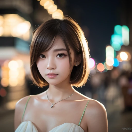 Ultra-high resolution, Superior Quality, highest quality, Super detailed, Realistic, 8k, RAW Photos, highest quality, masterpiece, Attractive young girl, Angelic Girl, Brown Hair, Japanese Idol, short hair, Mesh Hair, Glossy lips, Natural Makeup, Japanese Idols, Sophisticated, stylish, Model pose, (Chiffon blouse:1.3), Bokeh, close, (Downtown at night:1.3), View Viewer, 、Black underwear
