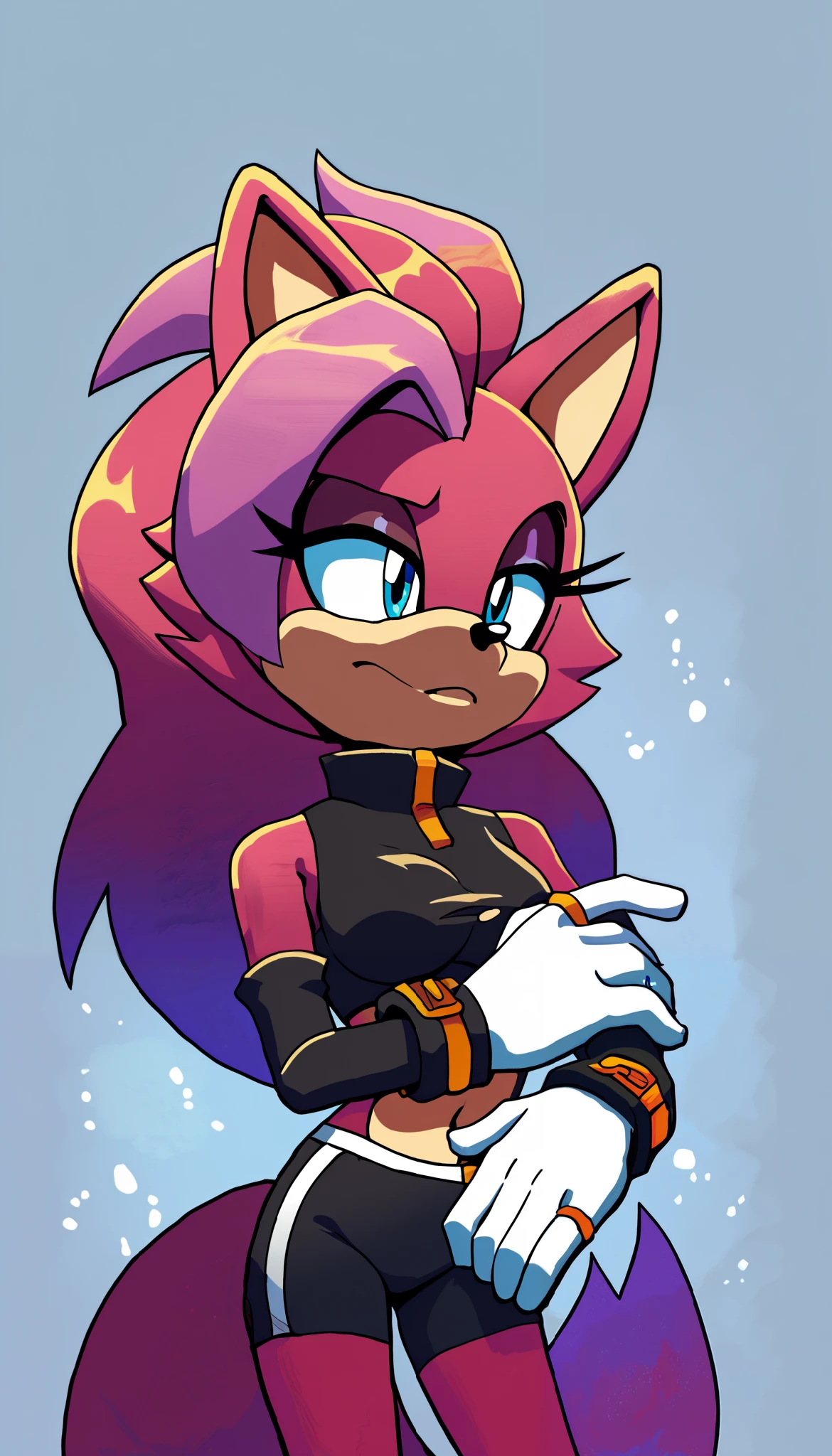 masterpiece, best quality, 1girl, anthro, furry, Mobian, fur, fluffy fur, (lavender colored fur), wolf girl, furry, wolf ears, fluffy ears, animal nose, cute eyes, light blue eyes, (fluffy wolf tail), big tail, messy hair, (long hair), magenta highlights/stripes in hair, solo, (simple background), detailed, black top, high collar crop top jacket, magents stripe down center of jacket, black arm warmers, white gloves, pink ring cuffs, black yoga shorts, keeps to herself, head tilt, ager (18 years), medium breast, looking to the side, sheathed sword strapped to back, light particles, score_9, score_8_up, score_7_up, score_6_up, score_5_up, score_4_up, evnstnly, Even Stanley art style, Sonic OC, Sonic fan character, Sonic the Hedgehog series, (2D), quiet girl, anti social personality