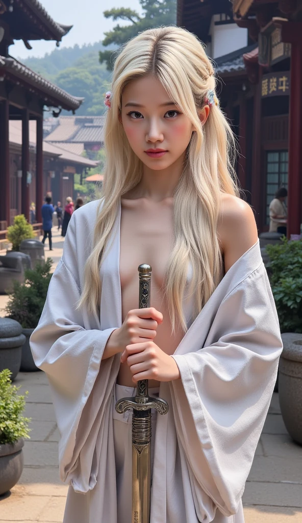 masterpiece, better, evening, full moon, 1 female, mature woman, Chinese style, Ancient China, older sister, Royal Sister, cold face, expressionless, Silver white long hair woman, light pink lips, calm, intellectual, hitomi gris, killer, long sword, swordsman, struggle, street view, Facial details, naked, pink nipples, pierced nipples