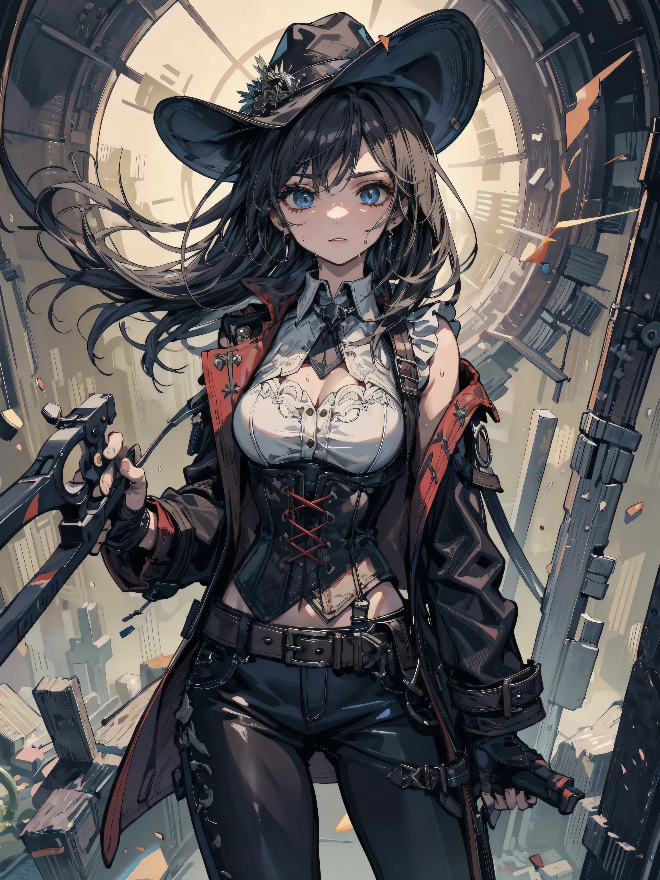 earring, big breasts, medium hair, ((black hair)), sexy, erotic, seductive, Sensual, adult body, sweat, cowboy shot, female Van Helsing, gothic hunter, vampire slayer, wearing a black leather trench coat, corset with silver buckles, high-collared shirt, tight leather pants, fingerless gloves, wide-brimmed hat, wielding a glowing enchanted crossbow,