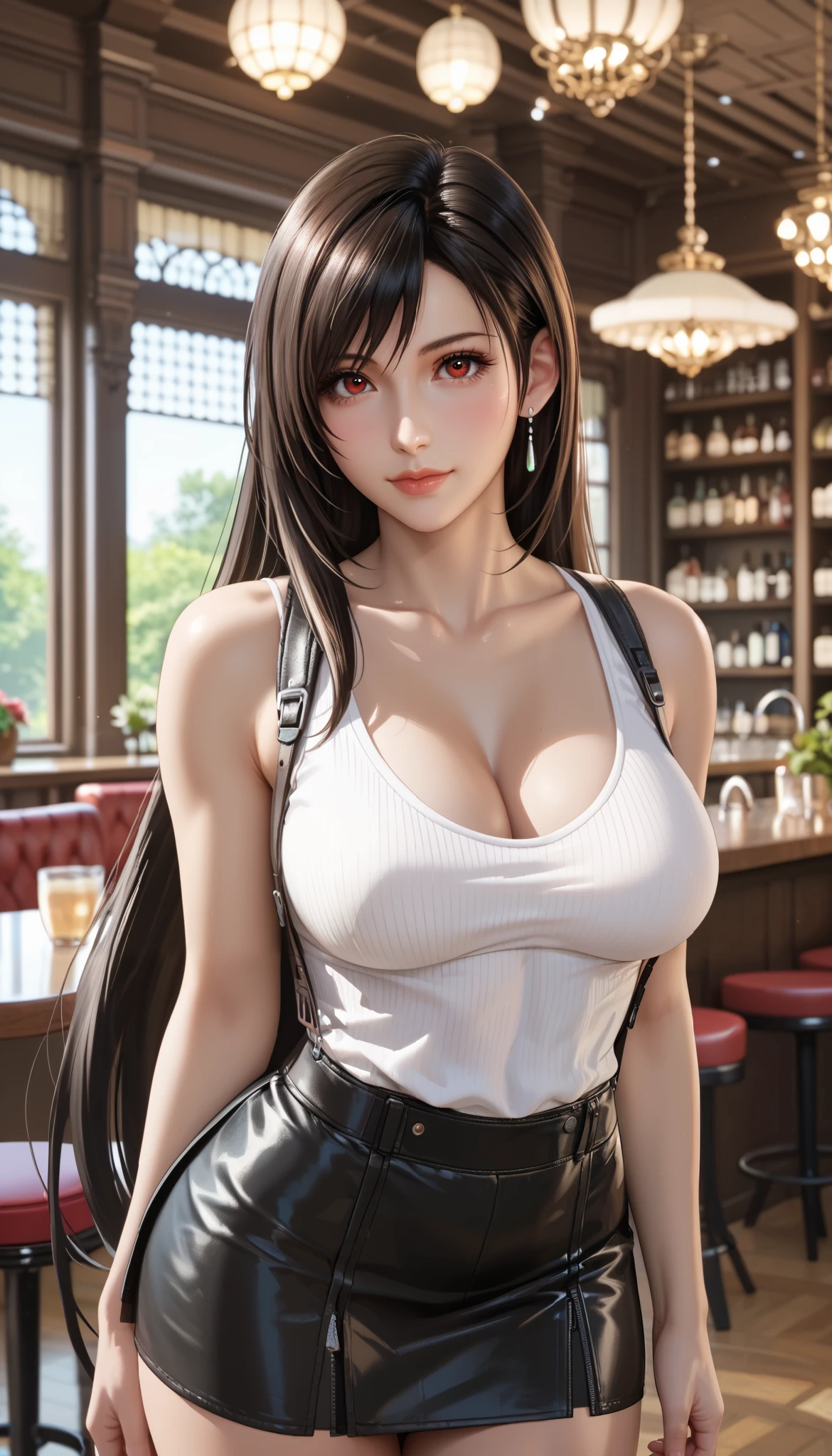 (masterpiece, best_quality:1.2), 1girl, solo, mature female, Tifa Lockhart, long black hair, beautiful eyes, female focus, looking at viewer, medium breast, cleavage, wide hips, ((solo)) detailed, very high resolution, no blurry image, beautiful, elegant, intricate details, detailed background, charming expression, wearing tank top, black short skirt, inside a cafe