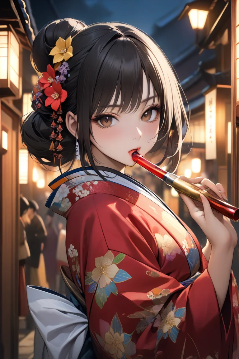 (Stretching out sexy tongue, sexy kiss and Lick:1.2 a popsicle) (solo:2, 15 yo blunt bangs:1.2 black hair long hair shrine maiden cute girl, sexy closed eyes, love smile), (in a cute yukata), break, (in the night Japanese festival venue), BREAK, perfect anatomy, masterpiece, best quality, 16k, beautiful detailed hot, daydreaming expression.