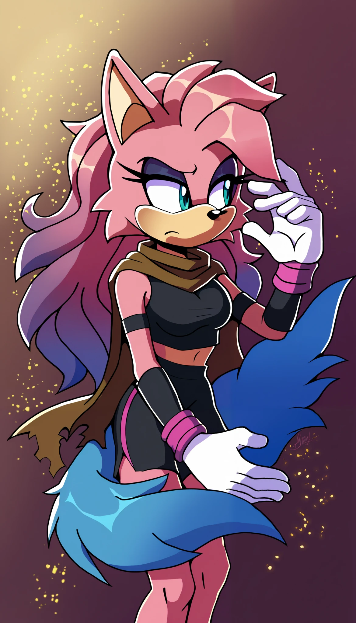 masterpiece, best quality, 1girl, anthro, furry, Mobian, fur, fluffy fur, (pinkish lavender colored fur), wolf girl, furry, wolf ears, fluffy ears, animal nose, cute eyes, light blue eyes, (fluffy wolf tail), big tail, messy hair, (long hair), magenta highlights, gradient hair, solo, (simple background), detailed, black top, worn out/torn brown cloak, sleeveless, black arm warmers, white gloves with magenta colored cuffs, black yoga shorts, keeps to herself, head tilt, ager (18 years), medium breast, looking to the side, light particles, score_9, score_8_up, score_7_up, score_6_up, score_5_up, score_4_up, evnstnly, Even Stanley art style, Sonic OC, Sonic fan character, Sonic the Hedgehog series, (2D), quiet girl, anti social personality, future ruins
