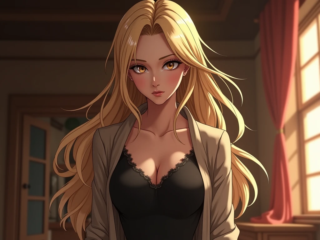 cool adult woman, nee-san type, long hair, swept-side bang, [[[brown hair]]], blonde hair, brown eyes, elegant posture, confident, date in cafe scene, fashionable clothes, cleavage, illustration, ultra-detailed, highres, vivid colors, close-up portrait