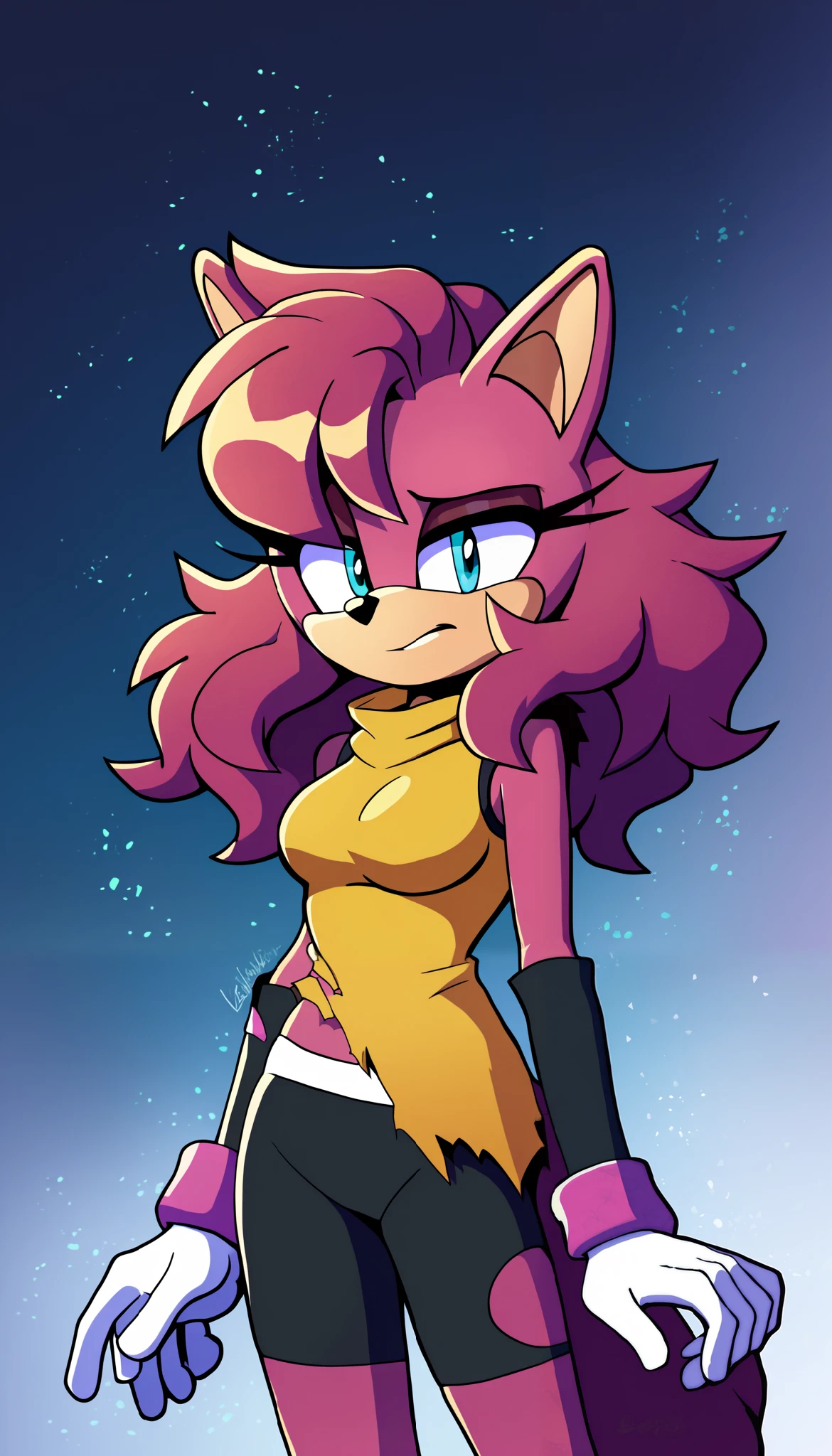 masterpiece, best quality, 1girl, anthro, furry, Mobian, fur, fluffy fur, (pinkish lavender colored fur), wolf girl, furry, wolf ears, fluffy ears, animal nose, cute eyes, light blue eyes, (fluffy wolf tail), big tail, messy hair, (long hair), magenta highlights, gradient hair, solo, (simple background), detailed, black top, worn out/torn brown cloak, sleeveless, black arm warmers, white gloves with magenta colored cuffs, black yoga shorts, keeps to herself, head tilt, ager (18 years), medium breast, looking to the side, light particles, score_9, score_8_up, score_7_up, score_6_up, score_5_up, score_4_up, evnstnly, Even Stanley art style, Sonic OC, Sonic fan character, Sonic the Hedgehog series, (2D), quiet girl, anti social personality, future ruins