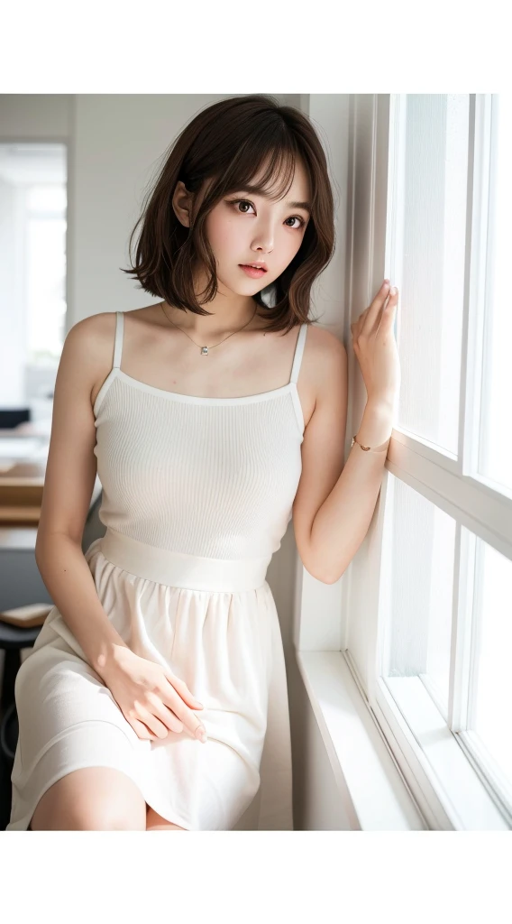 ((Best of the highest quality, 8k, Masterpiece: 1.3, raw photo)), Sharp focus: 1.2, (1 AESPA girl: 1.1), (Solo: 1.18), (realistic, photo-realistic:1.37), face focus, cute face, (Small breasts, flat chest, Thigh: 1.3), short messy hair, updo, Small Smile, slender, naked, (business skirt: 1.3), sitting, bar, flower, dahlia